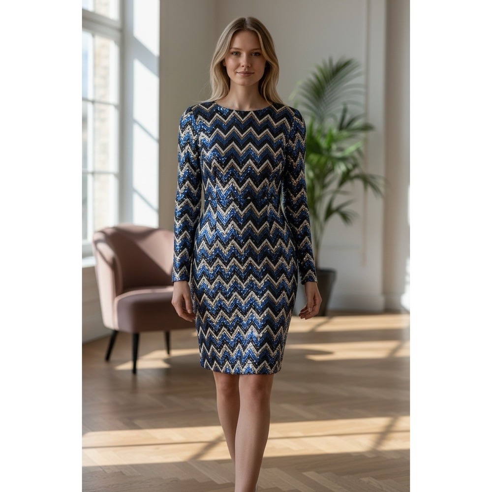 L'atiste by Amy Sequin Bodycon Dress Small Blue Gold Chevron Long Sleeve Mini